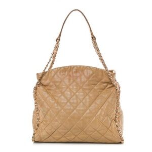 CHANEL Authentic Calfskin Leather Quilted Chain Tote Tan Medium